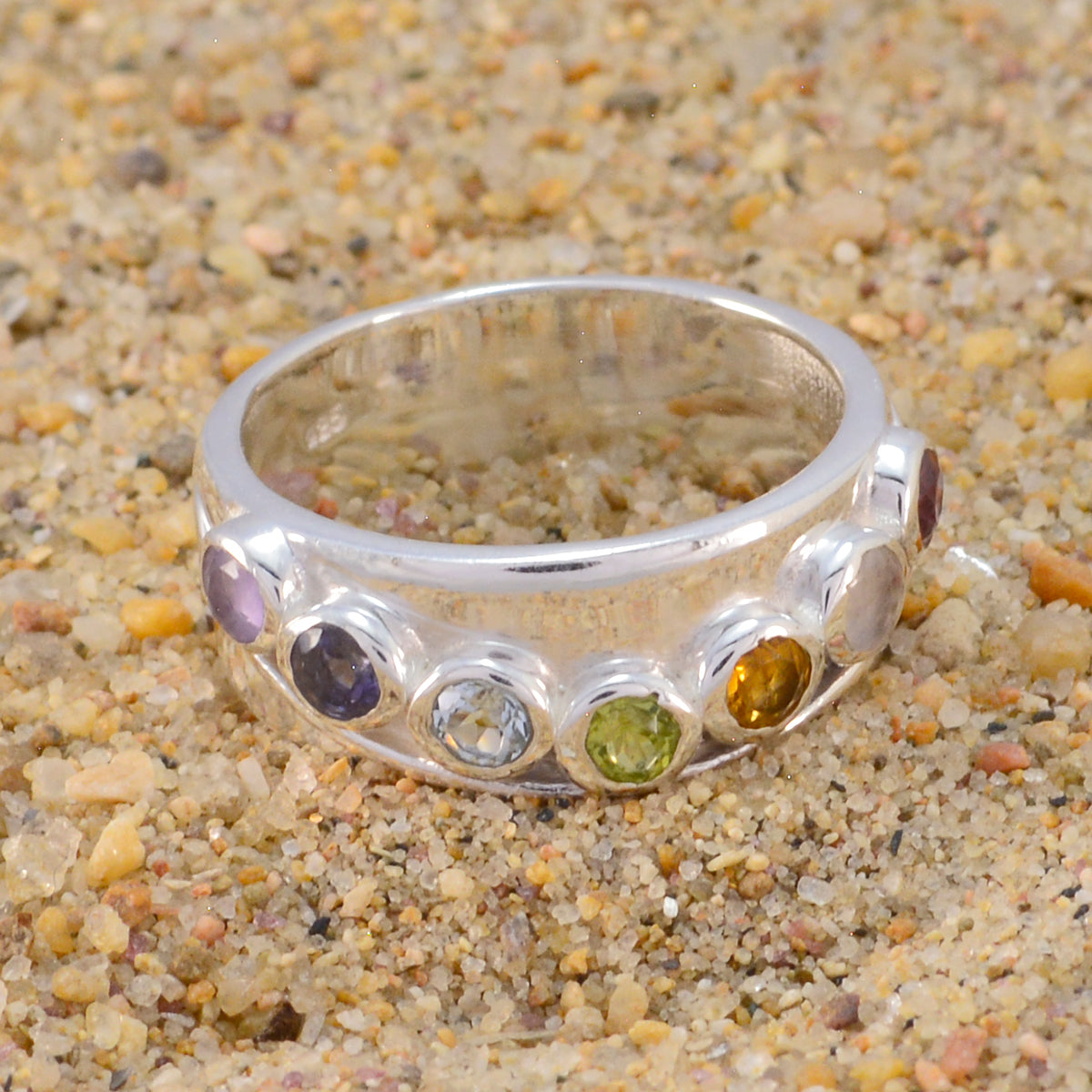 Multi Stone Hepta Egyptian Silver multicolor Gemstones Eye catching Sophisticated Band Jewelry
