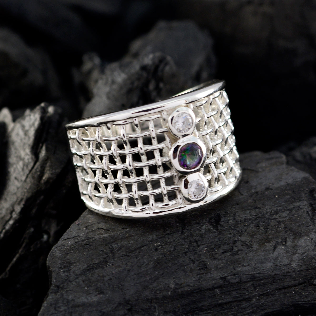 Multi Stone Trilogy Australian 925 Sterling Silver multicolor Gemstones Eye catching Filigree Ring Jewelry