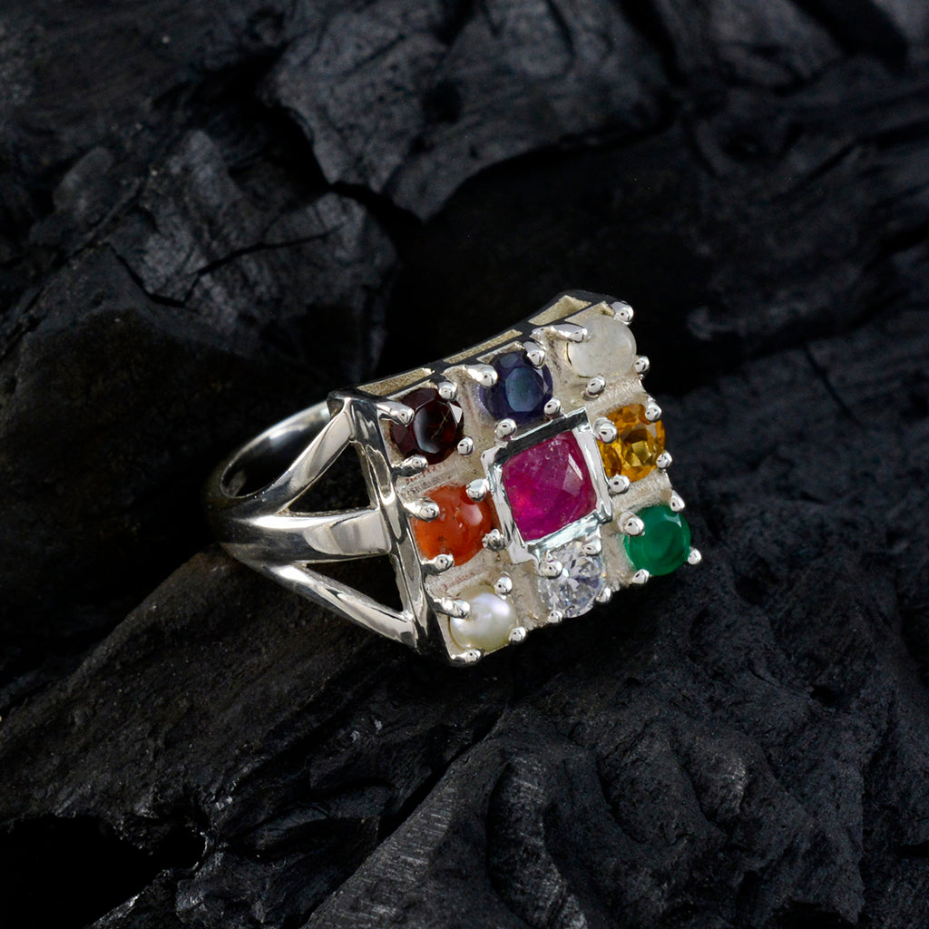 Multi Stone navratna French 925 Silver multicolor Gemstones Slim Ethnic Ring Jewellery