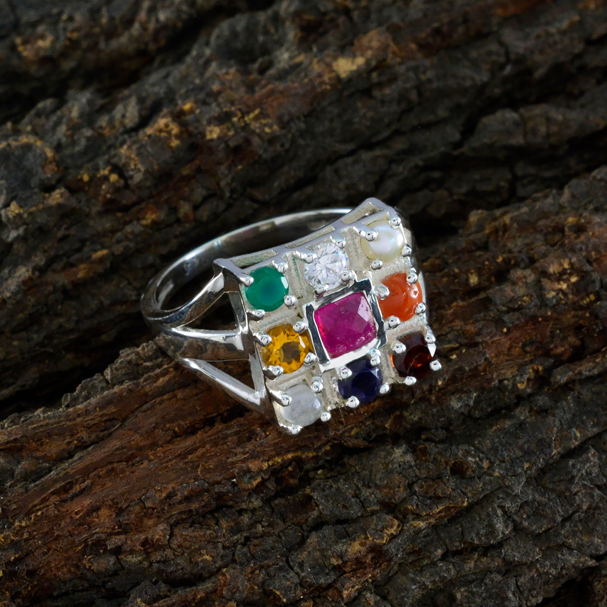 Multi Stone navratna French 925 Silver multicolor Gemstones Slim Ethnic Ring Jewellery
