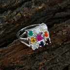 Multi Stone navratna French 925 Silver multicolor Gemstones Slim Ethnic Ring Jewellery