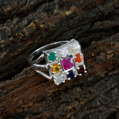 Multi Stone navratna French 925 Silver multicolor Gemstones Slim Ethnic Ring Jewellery