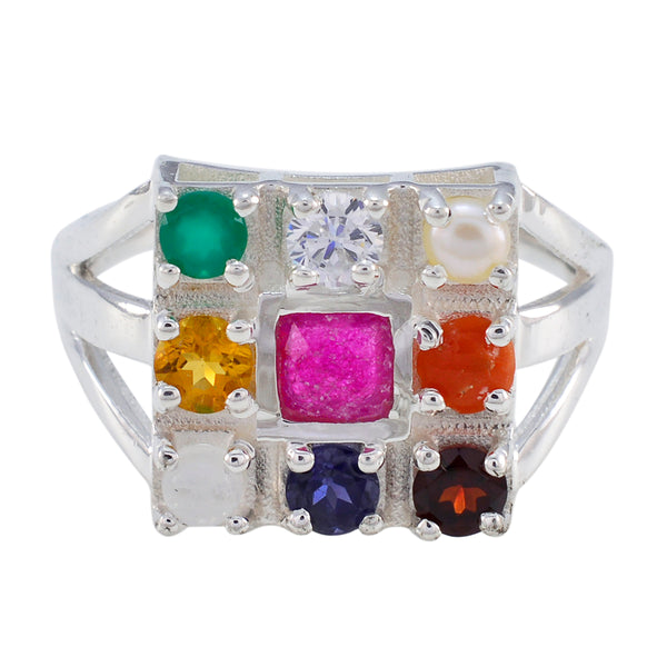 Multi Stone navratna French 925 Silver multicolor Gemstones Slim Ethnic Ring Jewellery