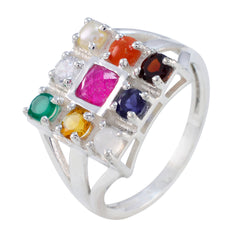 Multi Stone navratna French 925 Silver multicolor Gemstones Slim Ethnic Ring Jewellery
