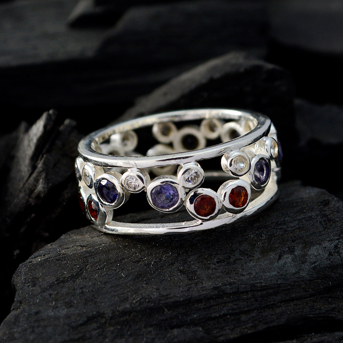 Multi Stone multiple Russian 92.5 Silver multicolor Gemstone Mid weight Bubble Band Jewelry