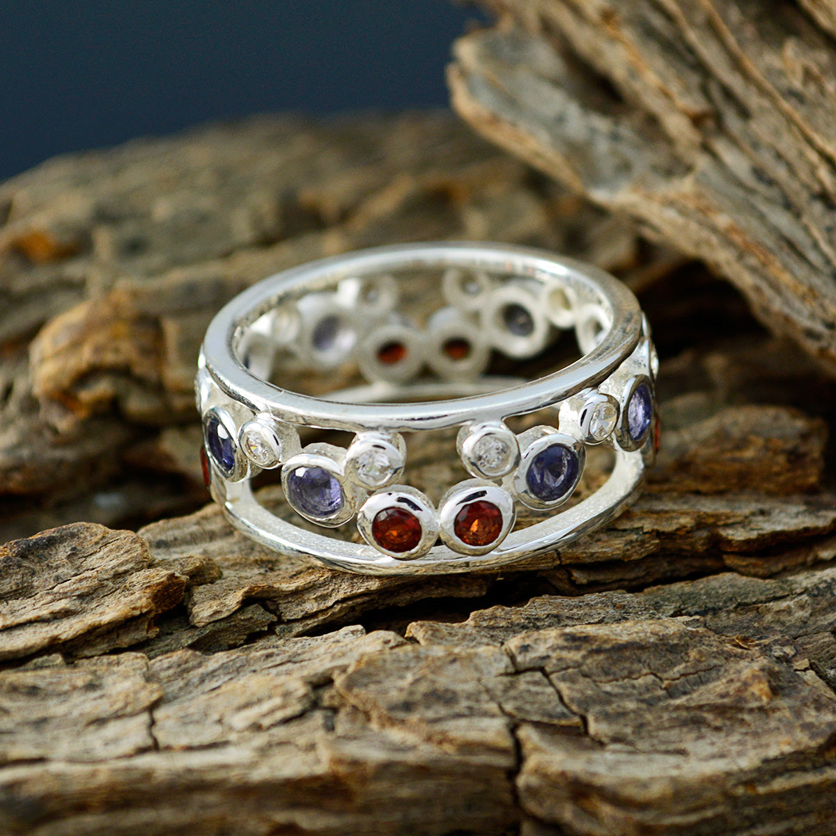 Multi Stone multiple Russian 92.5 Silver multicolor Gemstone Mid weight Bubble Band Jewelry