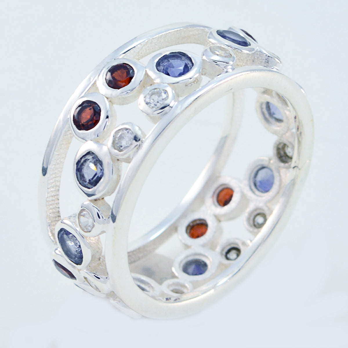 Multi Stone multiple Russian 92.5 Silver multicolor Gemstone Mid weight Bubble Band Jewelry
