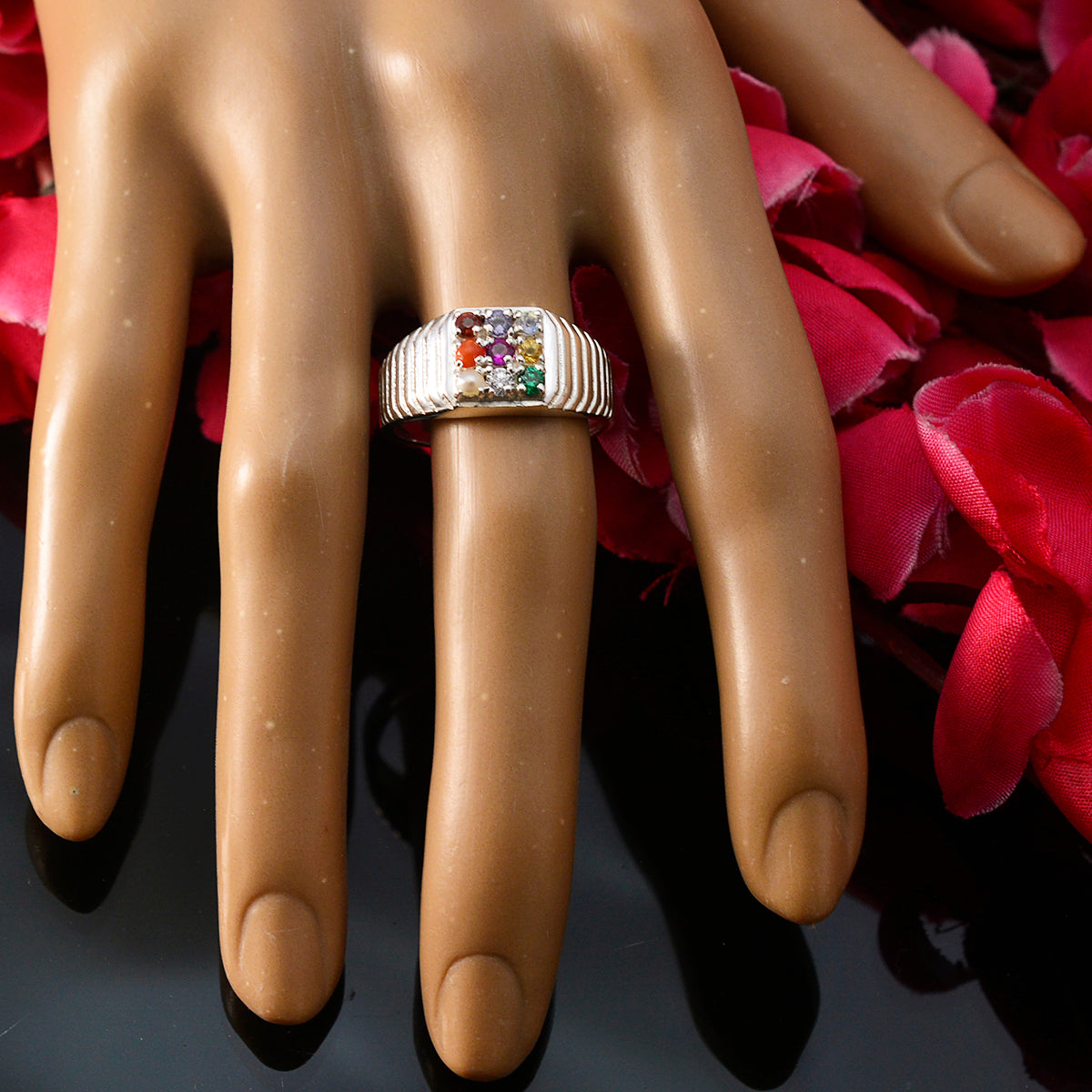 Multi Stone navratna Indian 925 Sterling Silver multicolor Gemstone Slim Heritage Ring Jewellery