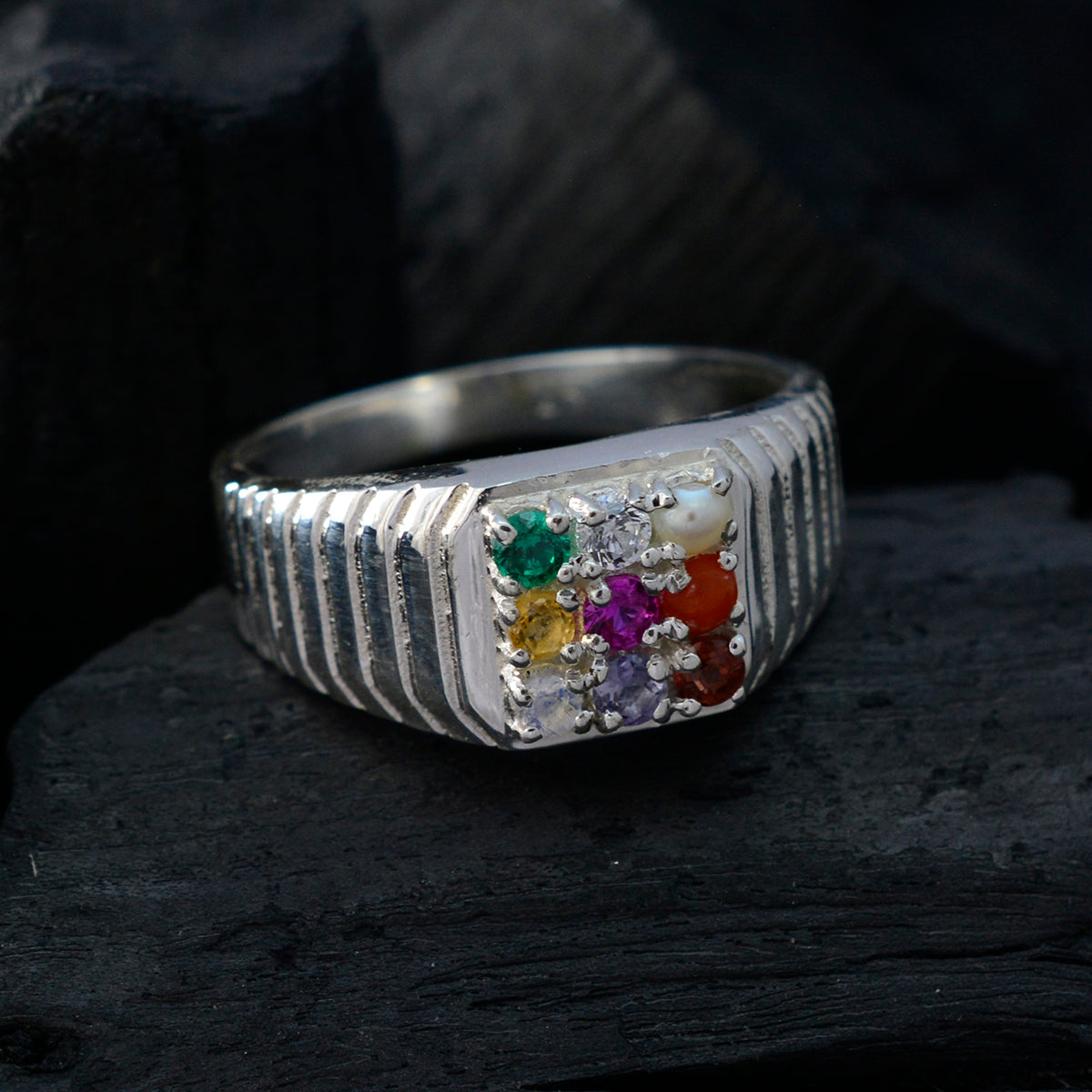 Multi Stone navratna Indian 925 Sterling Silver multicolor Gemstone Slim Heritage Ring Jewellery