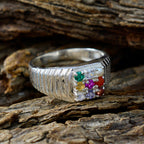 Multi Stone navratna Indian 925 Sterling Silver multicolor Gemstone Slim Heritage Ring Jewellery