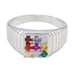 Multi Stone navratna Indian 925 Sterling Silver multicolor Gemstone Slim Heritage Ring Jewellery