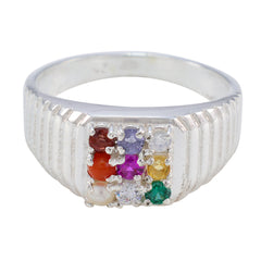 Multi Stone navratna Indian 925 Sterling Silver multicolor Gemstone Slim Heritage Ring Jewellery