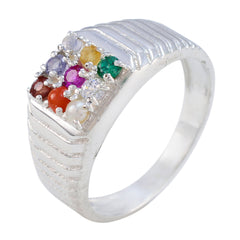 Multi Stone navratna Indian 925 Sterling Silver multicolor Gemstone Slim Heritage Ring Jewellery