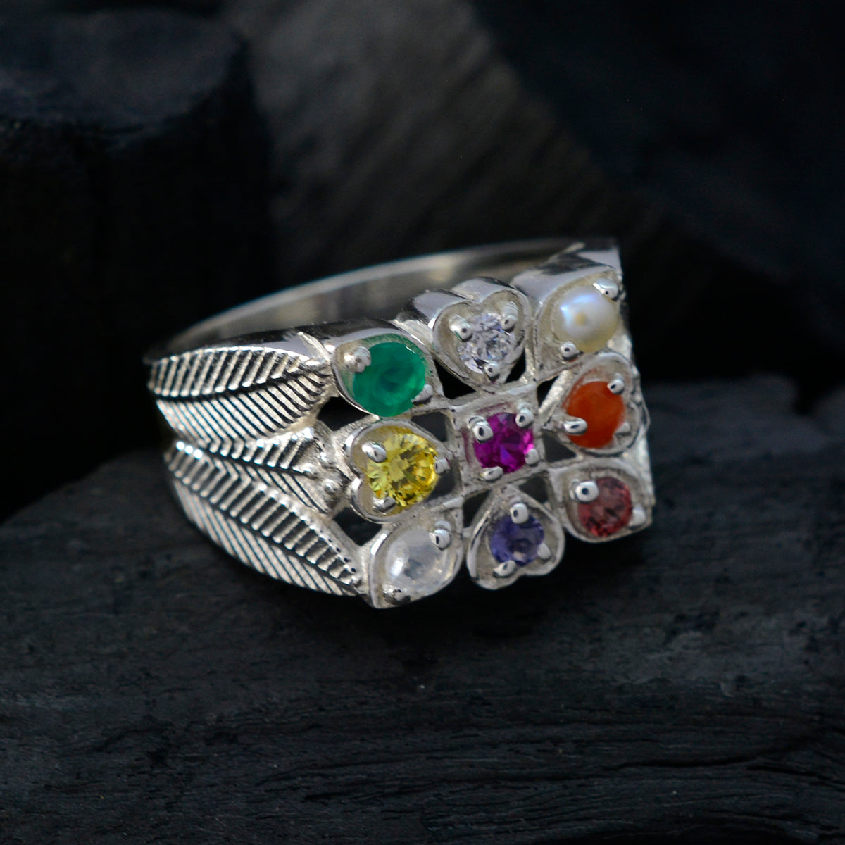 Multi Stone navratna African Silver multicolor Gemstones Mid weight Traditional Ring Jewelry