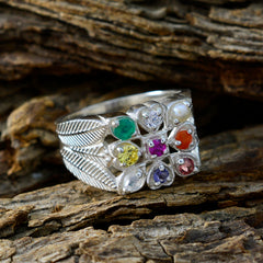 Multi Stone navratna African Silver multicolor Gemstones Mid weight Traditional Ring Jewelry