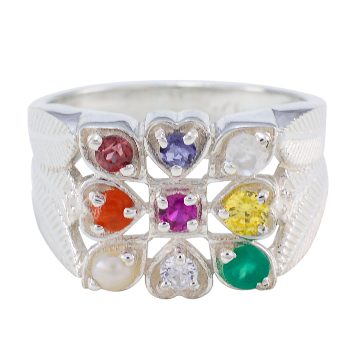 Multi Stone navratna African Silver multicolor Gemstones Mid weight Traditional Ring Jewelry