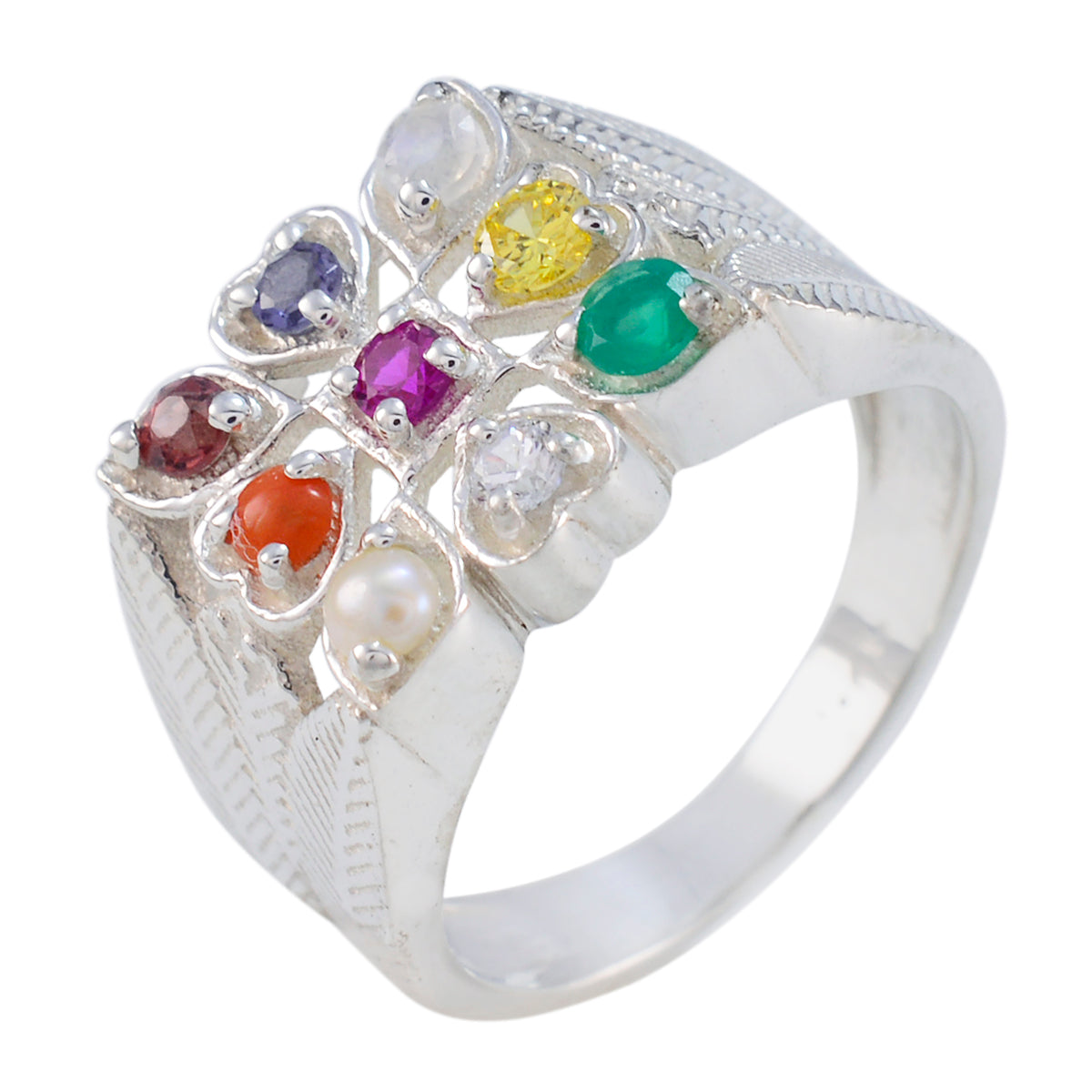 Multi Stone navratna African Silver multicolor Gemstones Mid weight Traditional Ring Jewelry
