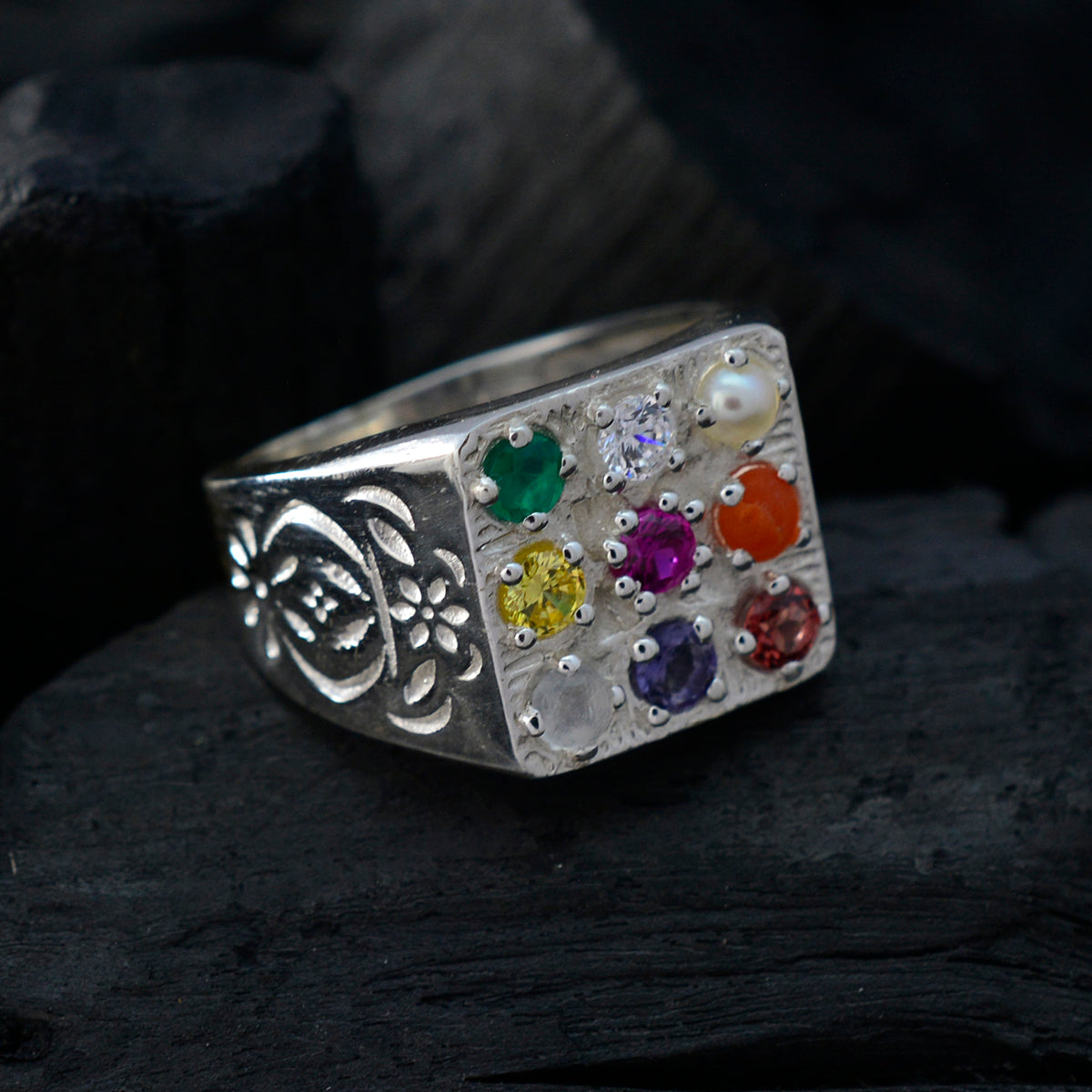Multi Stone navratna Russian Sterling Silver multicolor Gems Eye catching Cultural Ring Jewellery