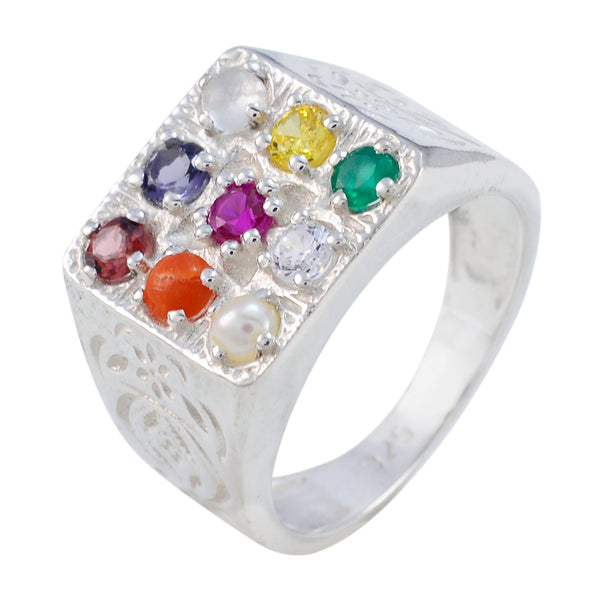 Multi Stone navratna Russian Sterling Silver multicolor Gems Eye catching Cultural Ring Jewellery