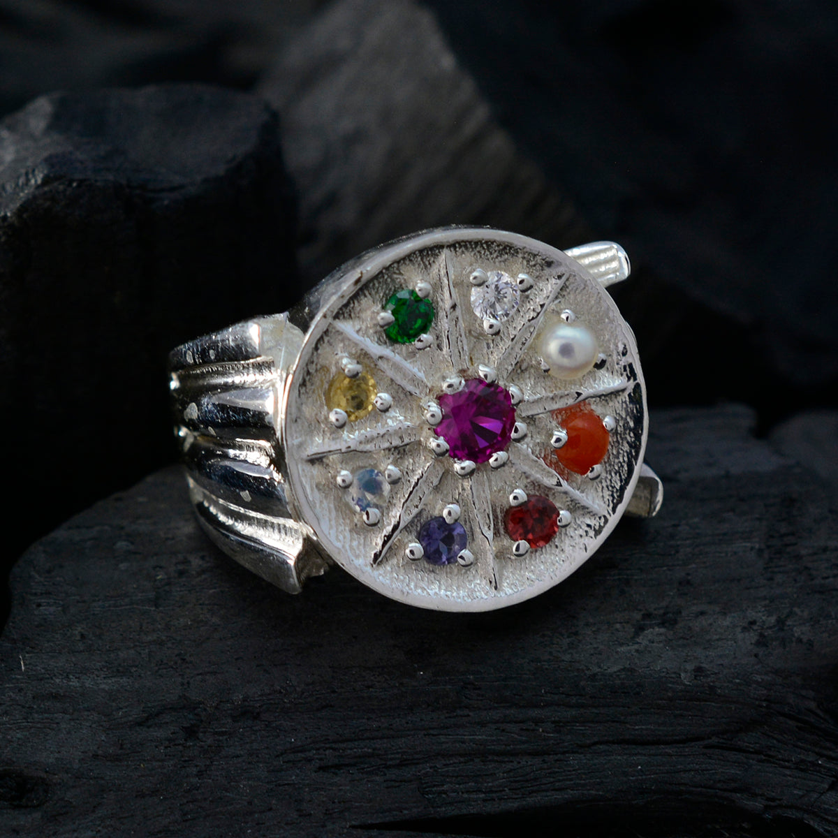 Multi Stone navratna German 925 Silver multicolor Gemstone Edgy Cocktail Ring Jewelry