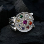 Multi Stone navratna German 925 Silver multicolor Gemstone Edgy Cocktail Ring Jewelry