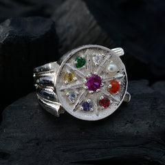 Multi Stone navratna German 925 Silver multicolor Gemstone Edgy Cocktail Ring Jewelry