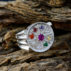 Multi Stone navratna German 925 Silver multicolor Gemstone Edgy Cocktail Ring Jewelry