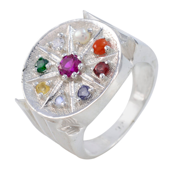 Multi Stone navratna German 925 Silver multicolor Gemstone Edgy Cocktail Ring Jewelry