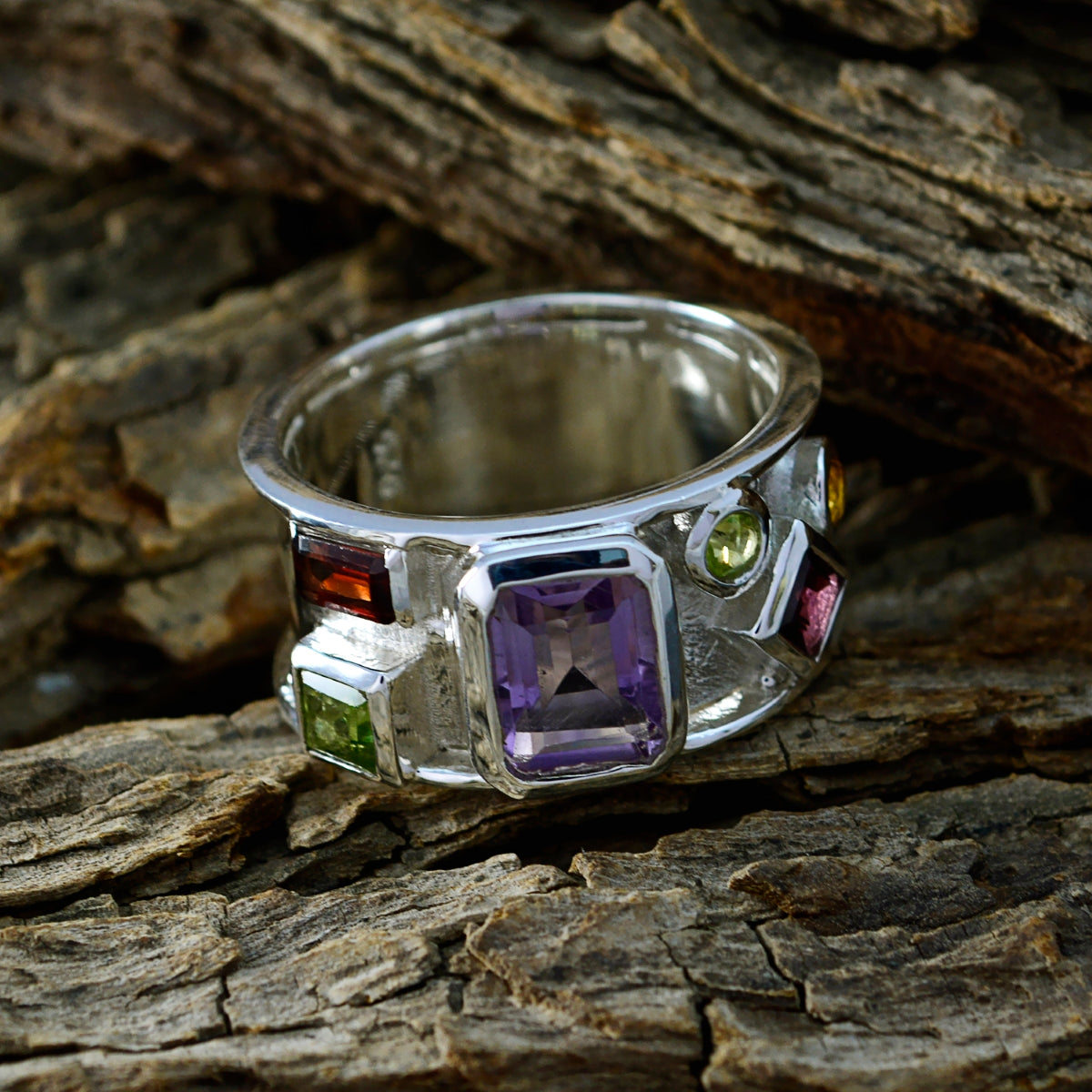 Multi Stone Hexa Russian 925 Silver multicolor Gems Versatile Abstract Band Jewellery