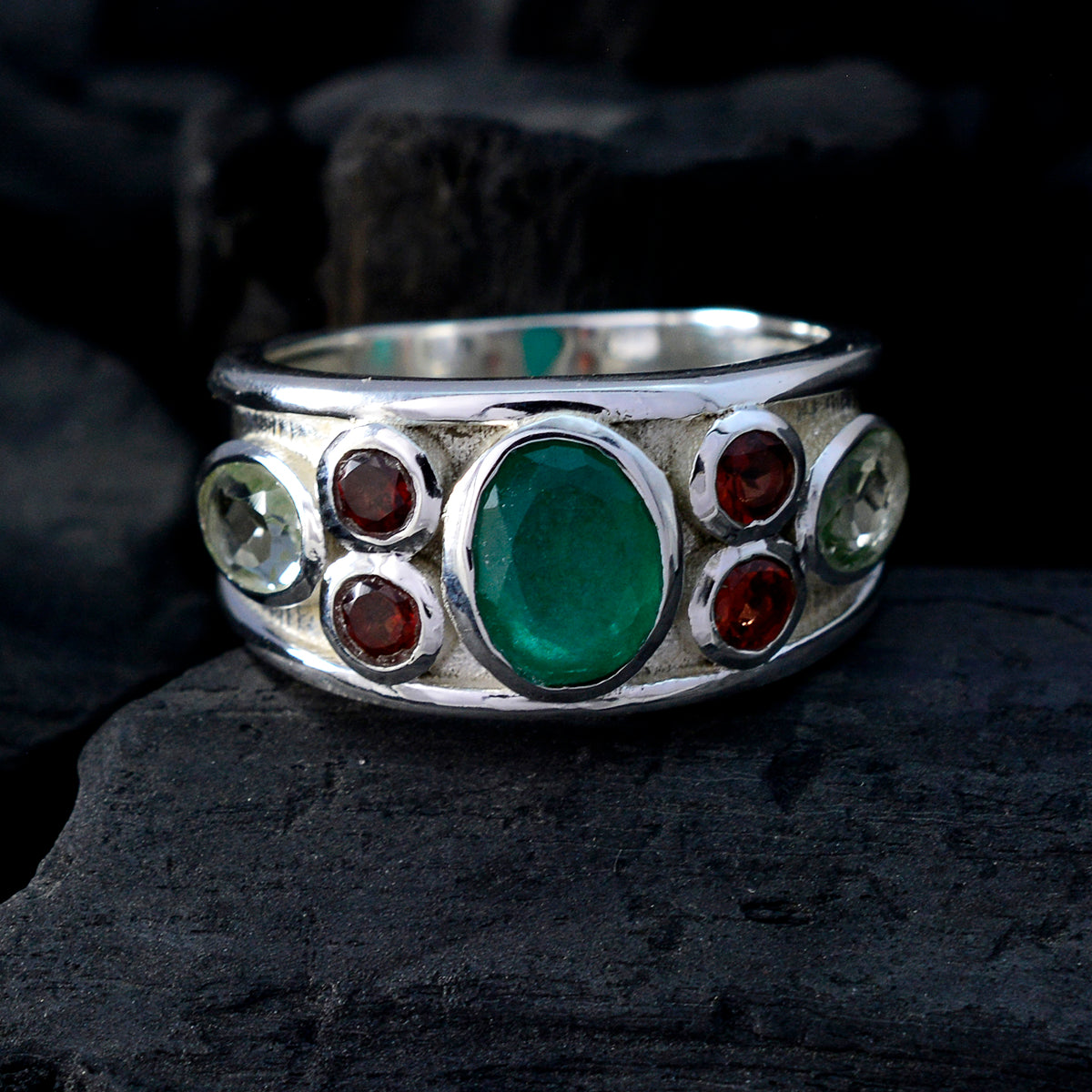 Multi Stone Hepta Indian 925 Silver multicolor Gemstones Mid weight Artisan Ring Jewelry