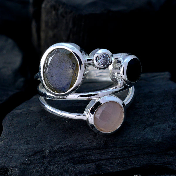 Multi Stone quarter Moroccan 925 Silver multicolor Gems Minimal Trendy Ring Jewelry