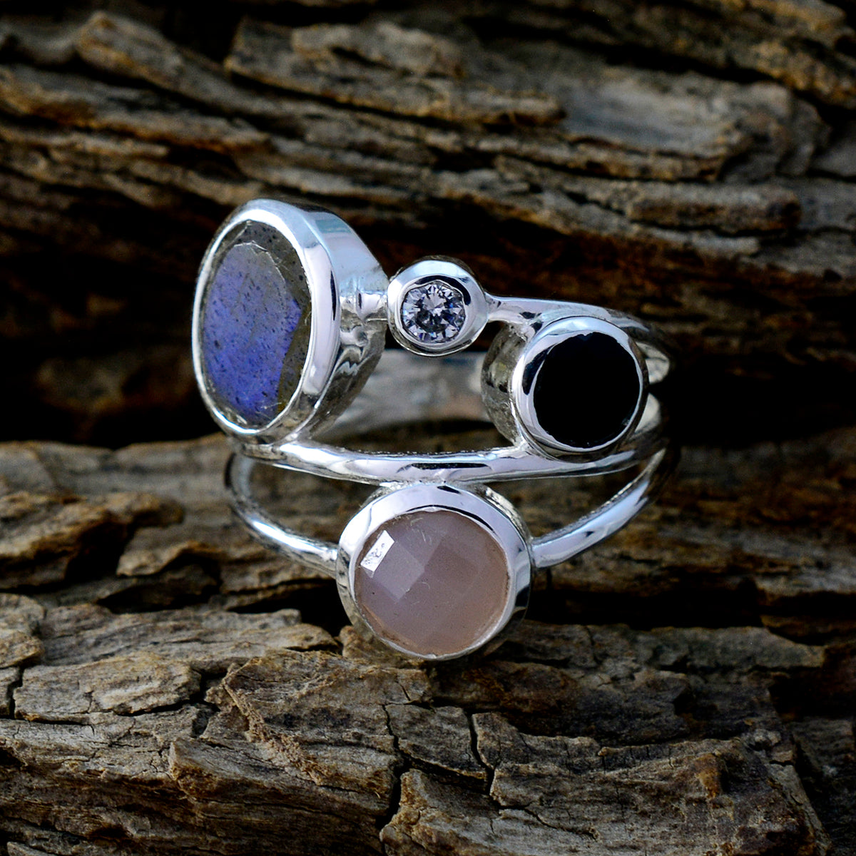 Multi Stone quarter Moroccan 925 Silver multicolor Gems Minimal Trendy Ring Jewelry