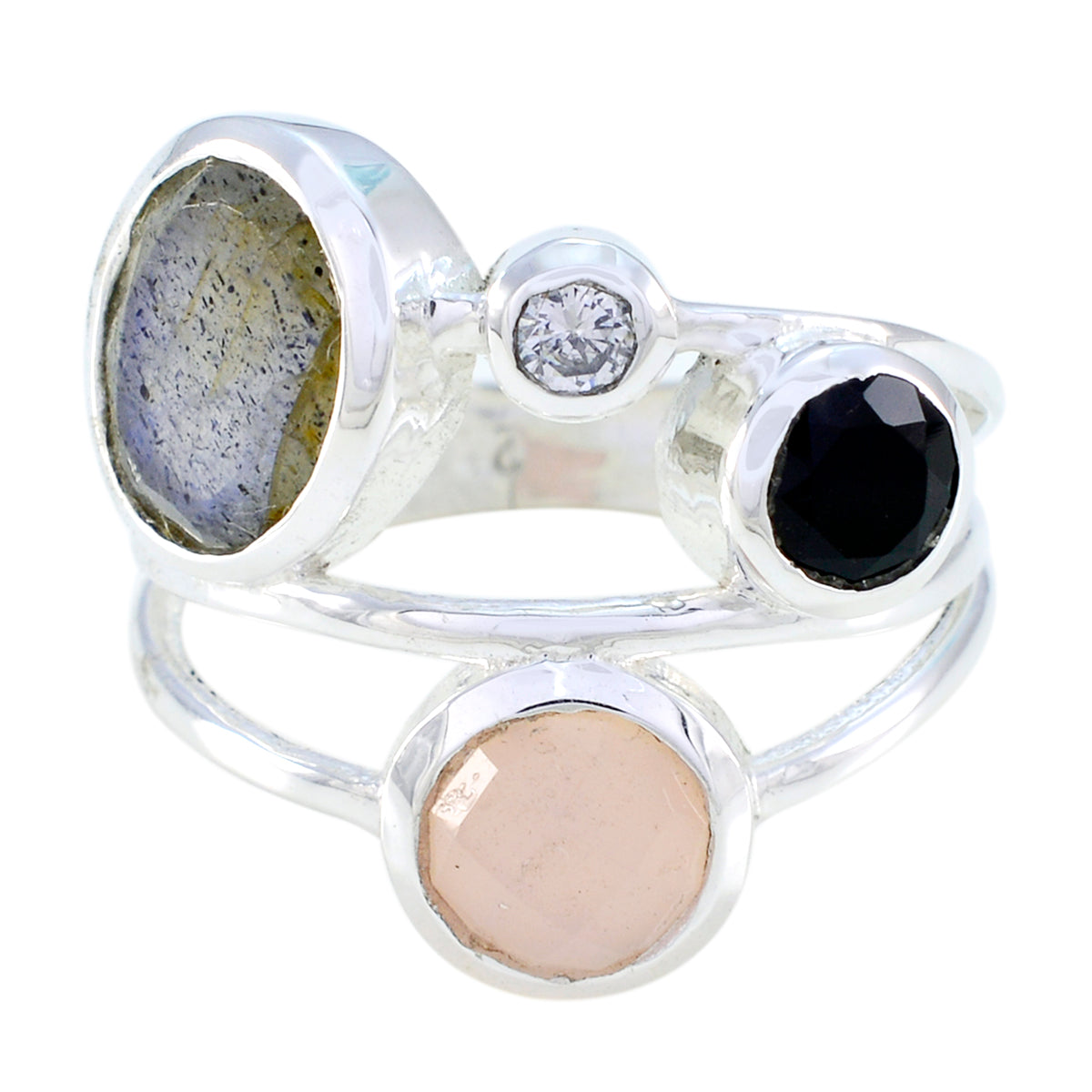 Multi Stone quarter Moroccan 925 Silver multicolor Gems Minimal Trendy Ring Jewelry