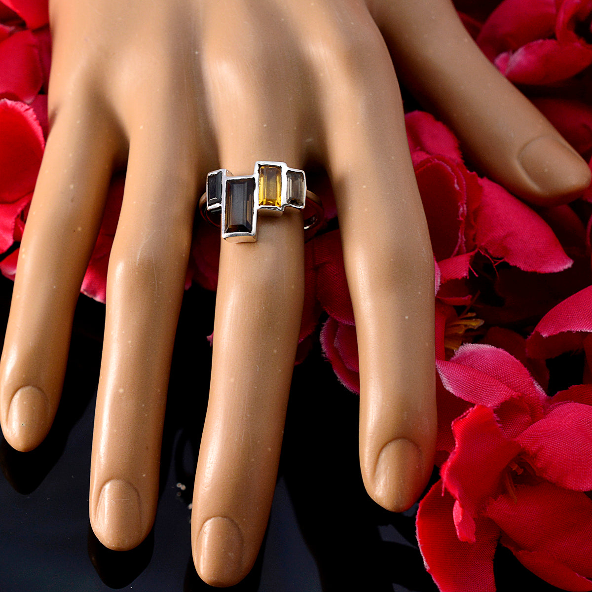 Multi Stone quarter Japanese 92.5 Silver multicolor Gemstone Whisper thin Cocktail Ring Jewelry