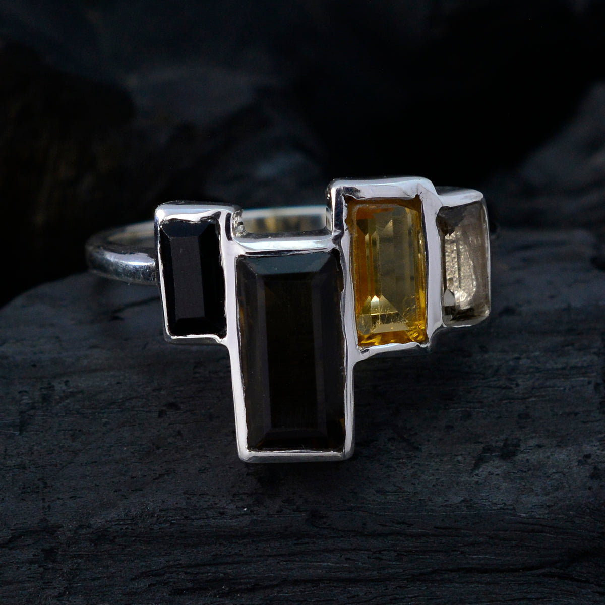 Multi Stone quarter Japanese 92.5 Silver multicolor Gemstone Whisper thin Cocktail Ring Jewelry