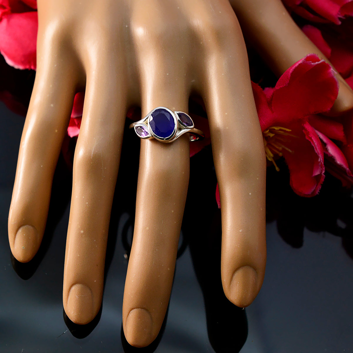 Multi Stone Trilogy Moroccan 925 Silver multicolor Gems Slim Graceful Ring Jewelry