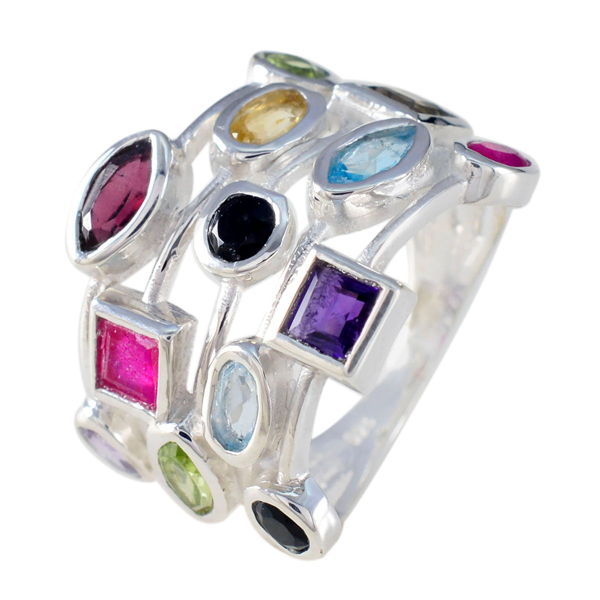 Multi Stone multiple Egyptian Silver multicolor Gemstones Eye catching Cocktail Ring Jewellery