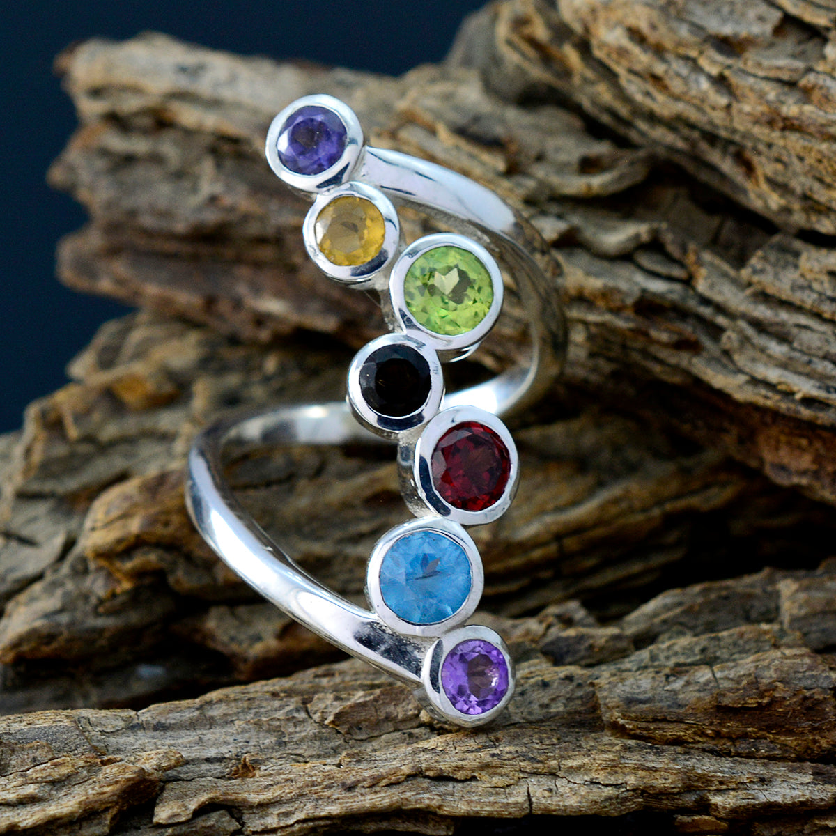 Multi Stone Hepta Egyptian 925 Silver multicolor Gems Eye catching Modern Ring Jewelry