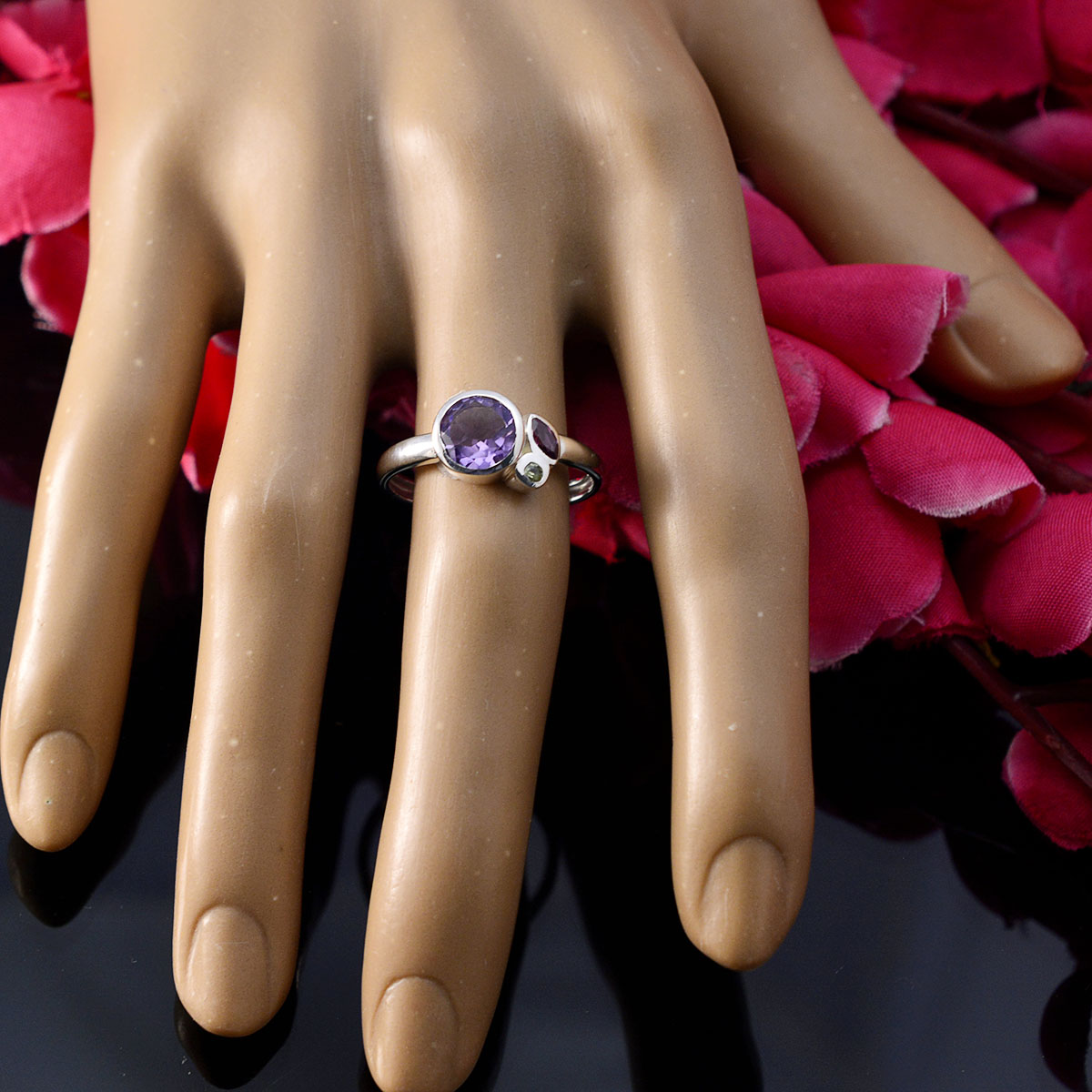 Multi Stone Trilogy Japanese Silver multicolor Gemstone Whisper thin Contemporary Ring Jewellery