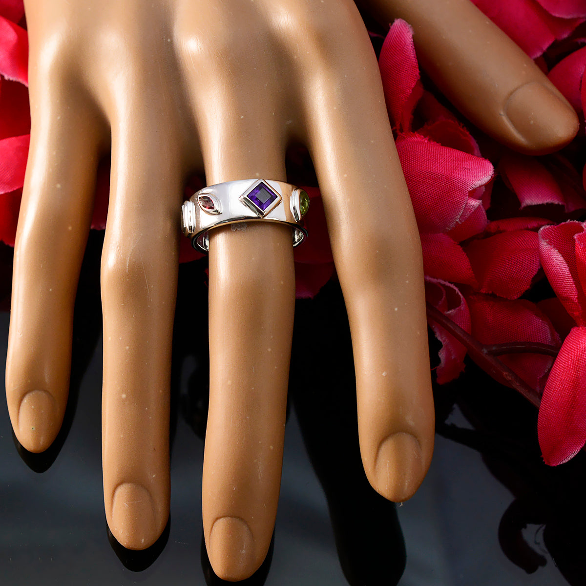 Multi Stone quarter Indian 92.5 Silver multicolor Gemstones Minimal Abstract Band Jewelry