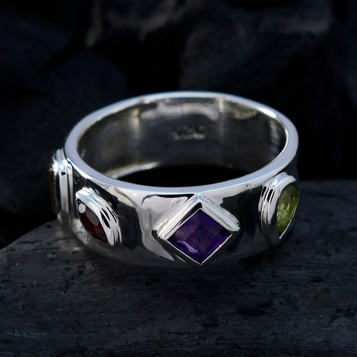 Multi Stone quarter Indian 92.5 Silver multicolor Gemstones Minimal Abstract Band Jewelry