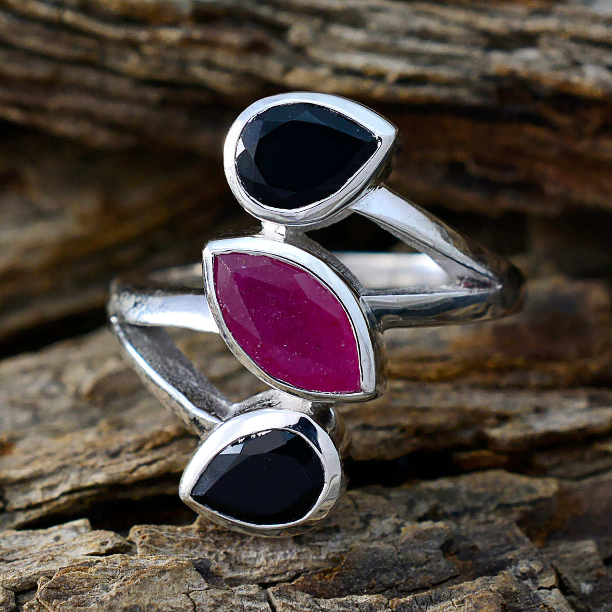 Multi Stone Trilogy Moroccan 925 Silver multicolor Gemstones Mid weight Signet Ring Jewellery