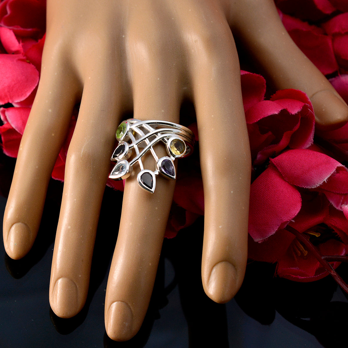 Multi Stone Hexa Moroccan Sterling Silver multicolor Gemstone Eye catching Modern Ring Jewellery
