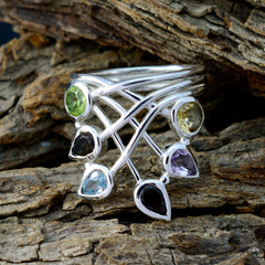 Multi Stone Hexa Moroccan Sterling Silver multicolor Gemstone Eye catching Modern Ring Jewellery