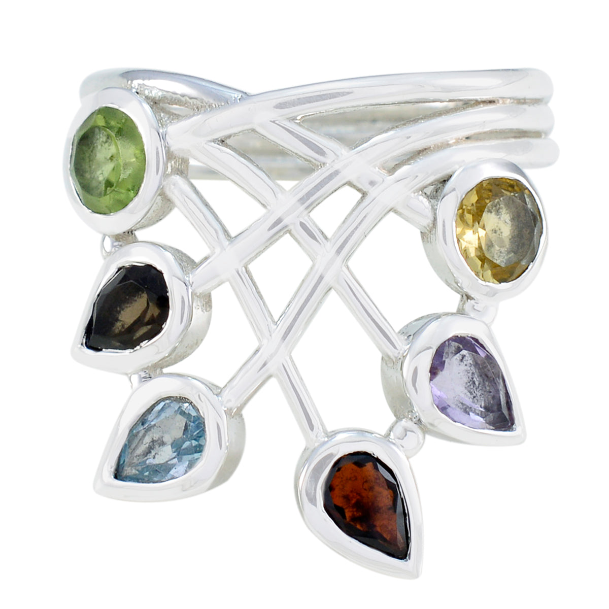 Multi Stone Hexa Moroccan Sterling Silver multicolor Gemstone Eye catching Modern Ring Jewellery