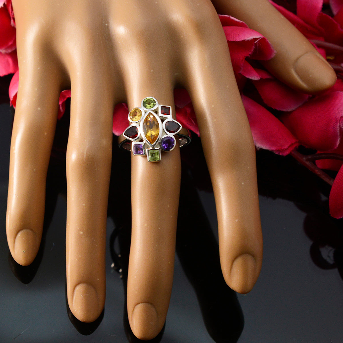 Multi Stone navratna Russian 925 Sterling Silver multicolor Gemstone Eye catching Cocktail Ring Jewellery