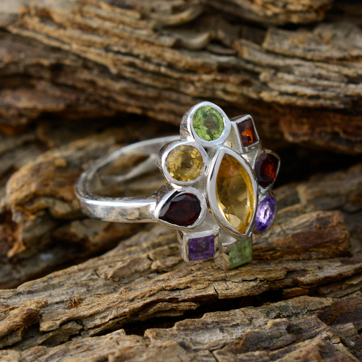 Multi Stone navratna Russian 925 Sterling Silver multicolor Gemstone Eye catching Cocktail Ring Jewellery