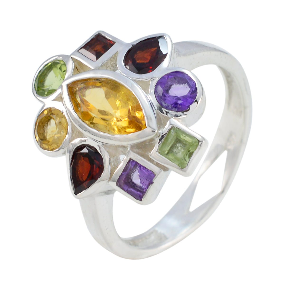 Multi Stone navratna Russian 925 Sterling Silver multicolor Gemstone Eye catching Cocktail Ring Jewellery
