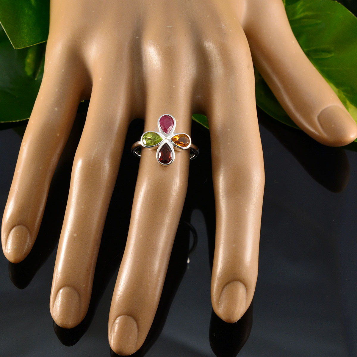 Multi Stone quarter Turkish 925 Sterling Silver multicolor Gems Dainty Floral Ring Jewellery
