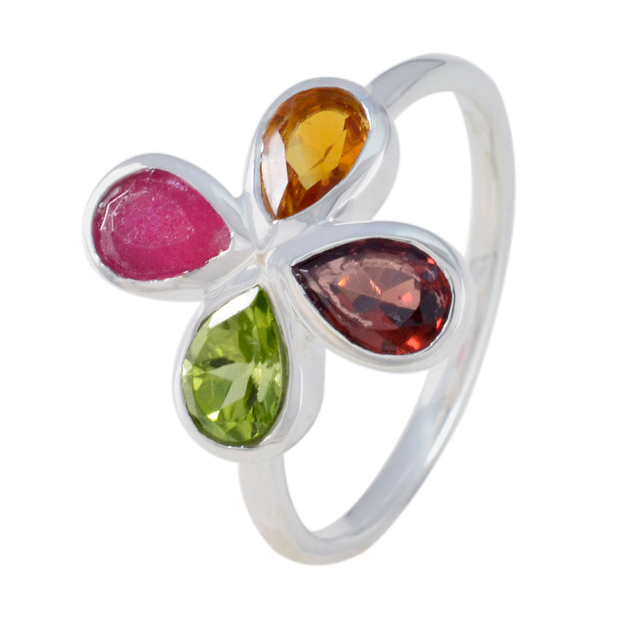 Anillo floral delicado con gemas multicolores en plata de ley 925 turca de varios cuartos y múltiples piedras Imagen secundaria del producto